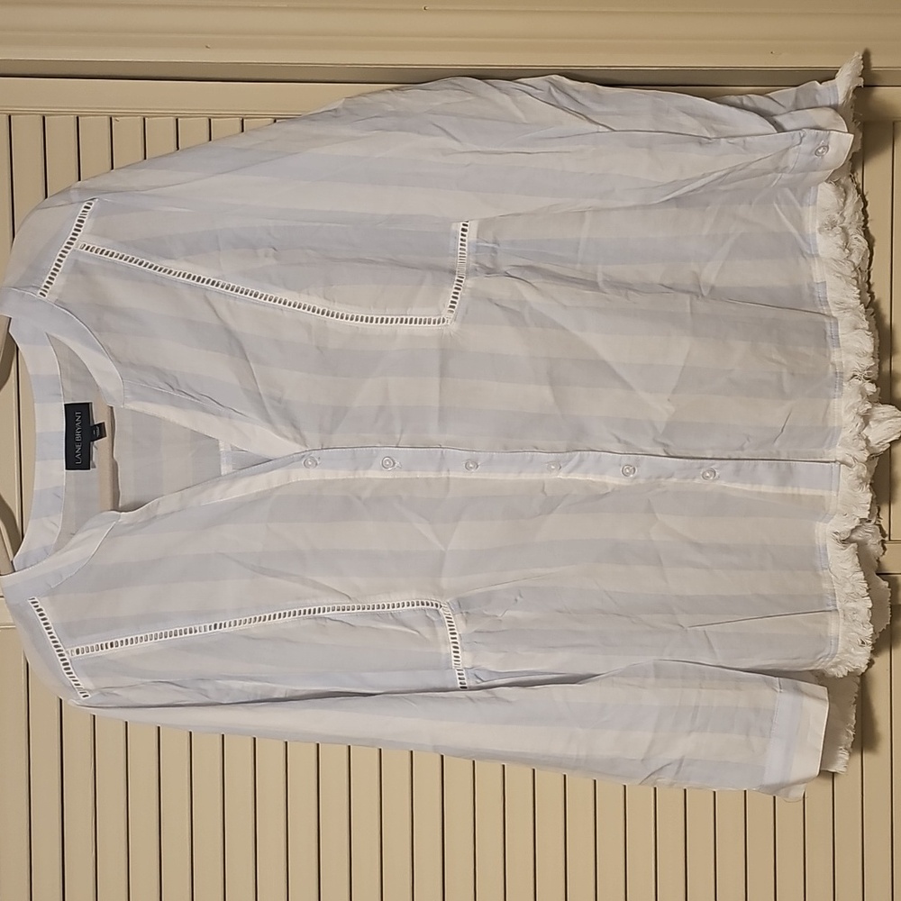 Lane Bryant Blue White Striped Boho Fringe Button-Down Shirt Size 20 - Picture 3 of 9